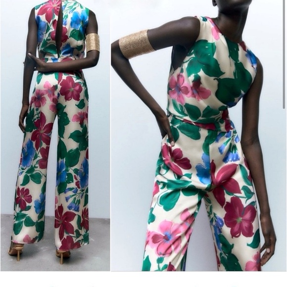 🌺 ZARA BOHO GREEN PINK MULTI SATIN WIDE LEG JUMPSUIT! - Picture 7 of 16